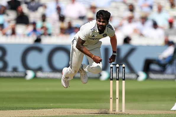 Indian pacer Nitish Reddy delivers a ball during the Test match against England at Lord's.