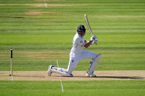 Joe Root batting for England at Lord's, finishing Day 1 of the Test against India unbeaten on 99 runs.