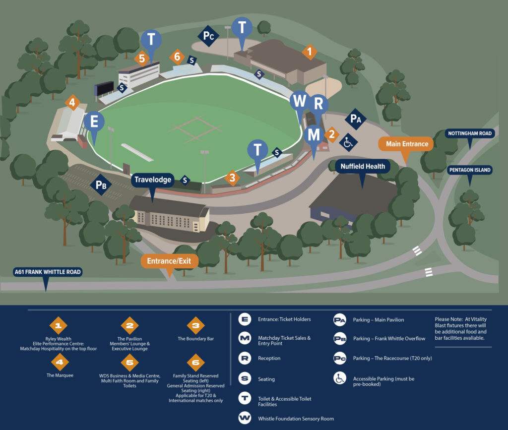 Map of The Central Co-op County Ground showing facilities and seating areas for cricket matchdays